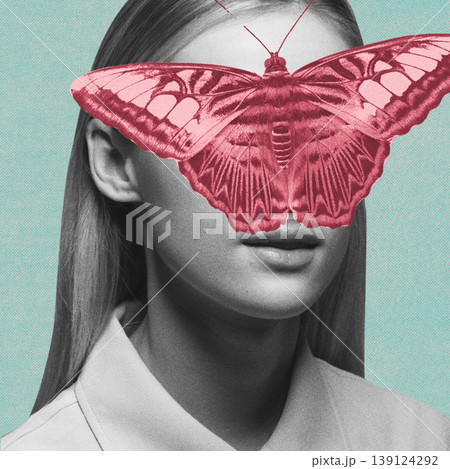 Female portrait with covering pink butterfly collage 139124292