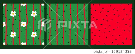 Illustration berry and hand with melon seed pattern. Seamless background simple green line art of fresh watermelon and baby. Nutrition design through kids graphic with pink sweet. 139124352