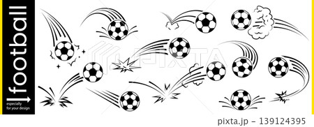 Soccer ball football icon with goal vector and logo illustration for sport world cup 2026. Football set design of flying foot motion in white abstract black element flat league play 139124395