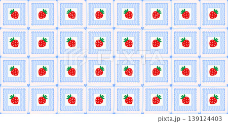 Berry frame strawberry for spring seamless floral and cute pattern flower. Patchwork coquette check for vintage stripe background and vector bg kid. Berry kawaii plaid for spring pastel color. 139124403