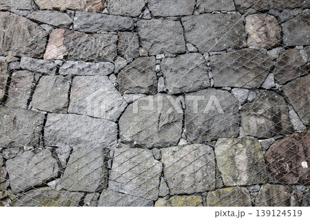 Gabion Wire Mesh Filled with Rocks, steel net as security against falling rocks. Gabion Wire Mesh Filled with Rocks, steel net as security against falling rocks. 139124519
