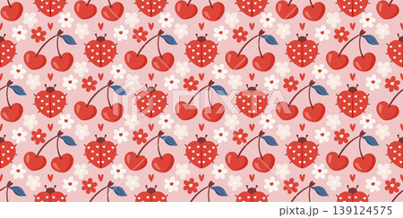 Seamless cute ladybug pattern with red beetles, cherry, flowers, and soft heart accents. Designed for baby fabrics, spring pajamas, and sweet Valentine or birthday prints 139124575
