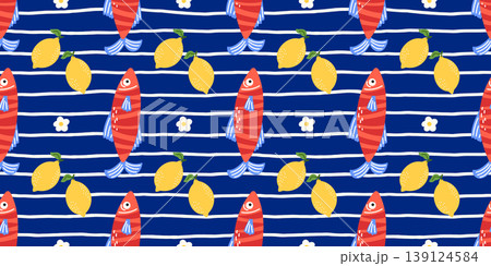 Seamless pattern with red striped fish and yellow lemons in mediterranean style. Bright playful nautical design for summer textiles, packaging, and kids decor Seamless pattern with red striped fish and yellow lemons in mediterranean style. Bright playful nautical design for summer textiles, packaging, and kids decor 139124584
