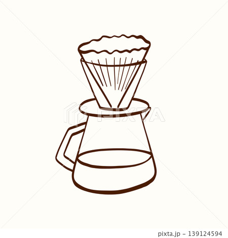 Pour over coffee maker with paper filter in simple hand-drawn style on a light background. Minimal brewing element for cafe branding, coffee packaging, menus, stickers and kitchen designs Pour over coffee maker with paper filter in simple hand-drawn style on a light background. Minimal brewing element for cafe branding, coffee packaging, menus, stickers and kitchen designs 139124594