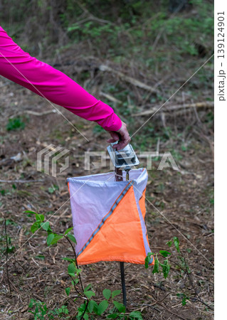 Athlete punches electronic timing device at orienteering control point Athlete punches electronic timing device at orienteering control point 139124901