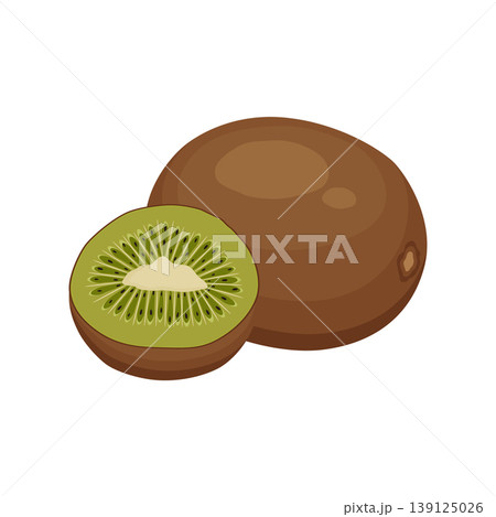 Minimalist illustration of whole kiwi fruit and cut half showing green seeds Minimalist illustration of whole kiwi fruit and cut half showing green seeds 139125026
