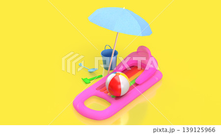 Colorful Summer Vacation Beach Accessories with Inflatable Float and Umbrella 3d render. 139125966