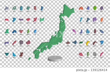 日本地圖上所有47個都道府縣的圖釘圖示清單（3D插圖） 139126414