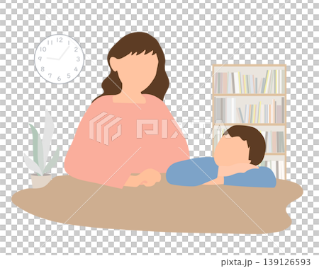 一幅插圖，描繪了一個沮喪的小學生，他低著頭趴在桌子上，他的母親在旁邊。 139126593