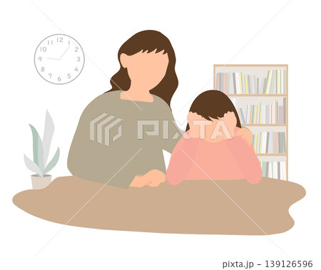 悩みを抱えて顔を覆う小学生の女の子と母親のイラスト 悩みを抱えて顔を覆う小学生の女の子と母親のイラスト 139126596
