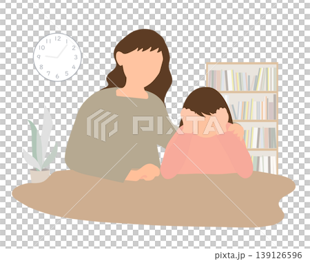 悩みを抱えて顔を覆う小学生の女の子と母親のイラスト 悩みを抱えて顔を覆う小学生の女の子と母親のイラスト 139126596