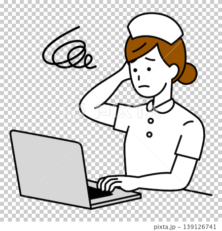 ノートパソコンでの仕事で困っている女性看護師 139126741