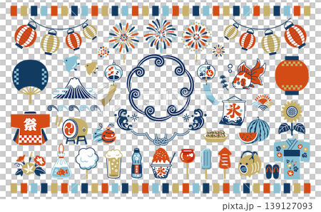 A set of Japanese-style illustrations for a summer festival: summer, festival, fireworks display, lanterns, wind chimes, seasonal traditions, goldfish, fair stalls. 139127093