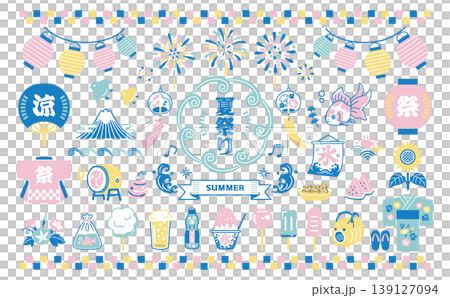 A set of Japanese-style illustrations for a summer festival: summer, festival, fireworks display, lanterns, wind chimes, seasonal traditions, goldfish, fair stalls. 139127094