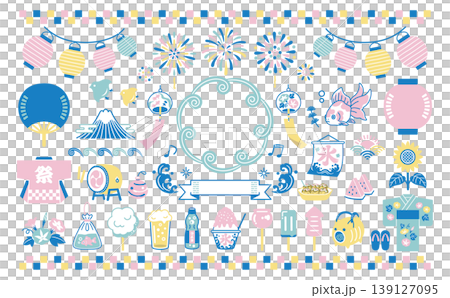 A set of Japanese-style illustrations for a summer festival: summer, festival, fireworks display, lanterns, wind chimes, seasonal traditions, goldfish, fair stalls. 139127095
