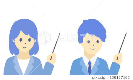 指示棒を持つ笑顔の男女のビジネスパーソンのイラストセット(寒色) 指示棒を持つ笑顔の男女のビジネスパーソンのイラストセット(寒色) 139127166