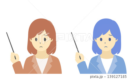指示棒を持つ困った表情の女性ビジネスパーソンのイラストセット（寒色・暖色） 139127185
