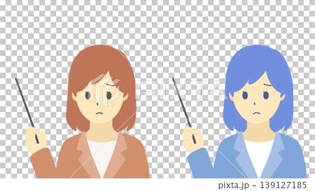指示棒を持つ困った表情の女性ビジネスパーソンのイラストセット（寒色・暖色） 139127185