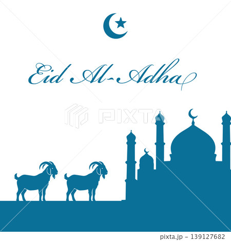 Eid Al Adha Mubarak greeting card featuring blue silhouettes of a mosque and goats with crescent moon.Vector illustration 139127682