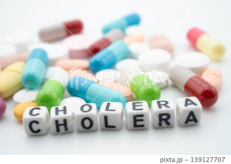 Cholera Disease word with pills and capsules medical drug. Cholera Disease word with pills and capsules medical drug. 139127707