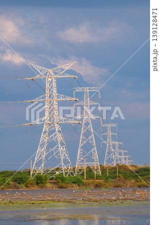 High voltage power transmission towers across coastal wetland landscape in Mannar, Sri Lanka, under a dramatic blue sky 139128471