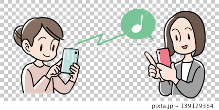 插圖描繪了兩名女性的上半身，她們面帶微笑，愉快地在智慧型手機通訊應用上互發訊息。 139129384
