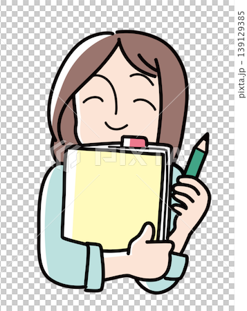 付箋が貼られたノートとペンを抱えて満足げに微笑む女性の上半身イラスト 139129385