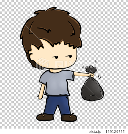 Boy holding a black trash bag with arm straight cartoon illustration Boy holding a black trash bag with arm straight cartoon illustration 139129755