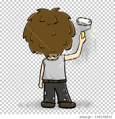 Boy painting wall by paint roller back view isolated cartoon illustration 139130032
