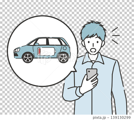 スマホでEVの充電残量低下に気づく男性のイラスト スマホでEVの充電残量低下に気づく男性のイラスト 139130299