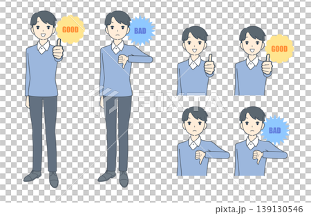 A set of illustrations of young men giving thumbs up and thumbs down. A set of illustrations of young men giving thumbs up and thumbs down. 139130546