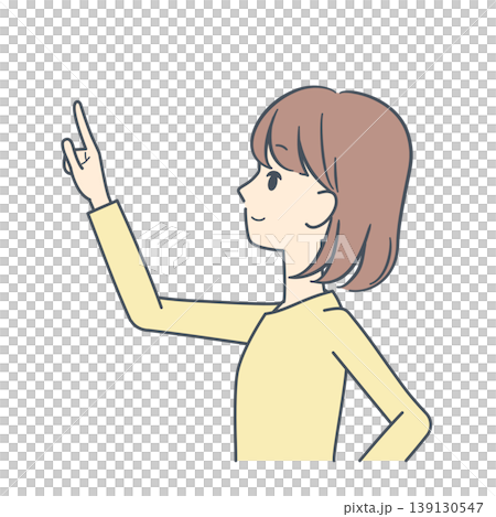 一位年輕女子側身向上指的插圖；上半身。 139130547