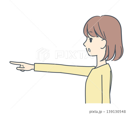 真横を向いて指をさす若い女性のイラスト 上半身 真横を向いて指をさす若い女性のイラスト 上半身 139130548