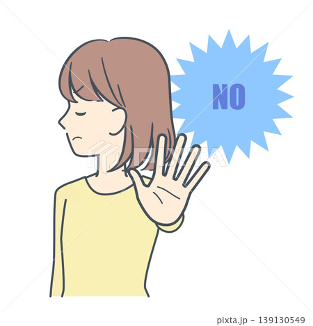 手のひらを前に突き出して拒絶する若い女性のイラスト 上半身 手のひらを前に突き出して拒絶する若い女性のイラスト 上半身 139130549