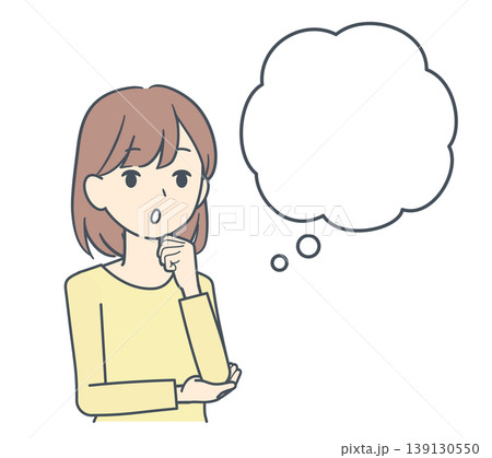 吹き出しと、あごに手をあてて考え込む若い女性のイラスト 上半身 吹き出しと、あごに手をあてて考え込む若い女性のイラスト 上半身 139130550