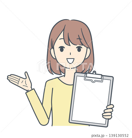 クリップボードを見せて話す黄色い服を着た若い女性のイラスト　上半身 139130552