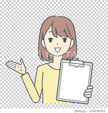 クリップボードを見せて話す黄色い服を着た若い女性のイラスト　上半身 139130552