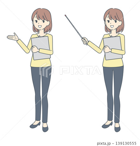 クリップボードを持って話す若い女性のイラスト　2種 139130555