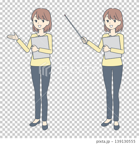クリップボードを持って話す若い女性のイラスト　2種 139130555