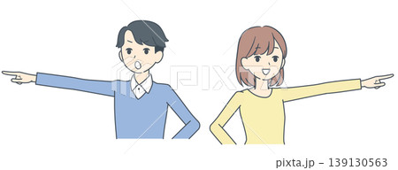 それぞれ別の方向を指さし、驚く若い男女のイラスト 139130563
