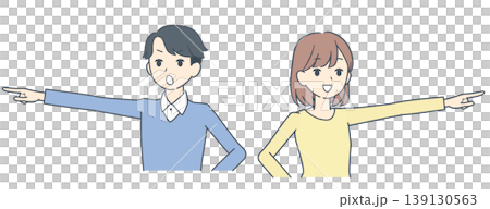 それぞれ別の方向を指さし、驚く若い男女のイラスト 139130563