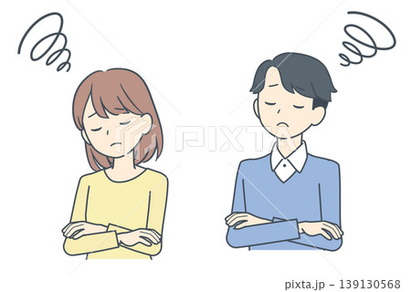 腕を組んで悩み、考え込む若い男女のイラスト 139130568
