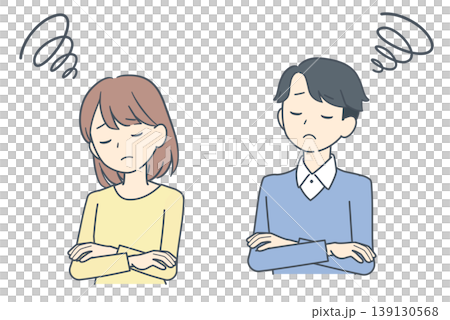 腕を組んで悩み、考え込む若い男女のイラスト 139130568