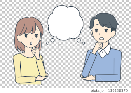An illustration of a young man and woman deep in thought, accompanied by a speech bubble. An illustration of a young man and woman deep in thought, accompanied by a speech bubble. 139130570