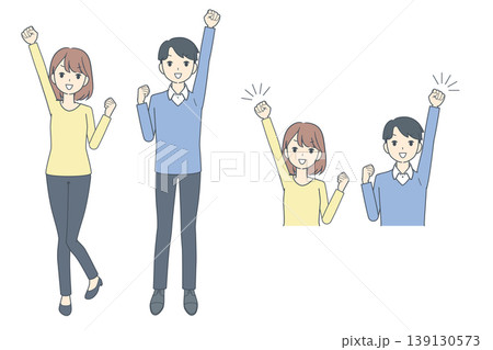 拳を突き上げ喜ぶ若い男女のイラストセット　全身・上半身 139130573