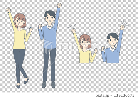 拳を突き上げ喜ぶ若い男女のイラストセット　全身・上半身 139130573