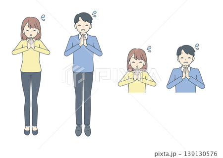 手を合わせて謝罪・お願いする若い男女のイラストセット 手を合わせて謝罪・お願いする若い男女のイラストセット 139130576