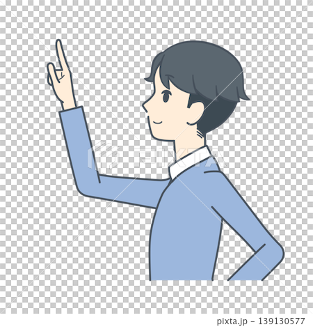 一幅年輕男子側身向上指的插圖。 139130577