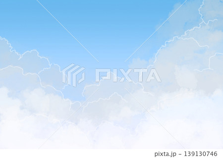 淡いグラデーションの空と雲の背景素材 白く縁取られたふんわり雲のナチュラル背景 コピースペースあり 139130746