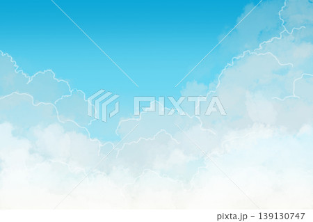 淡いグラデーションの空と雲の背景素材 白く縁取られたふんわり雲のナチュラル背景 コピースペースあり 139130747